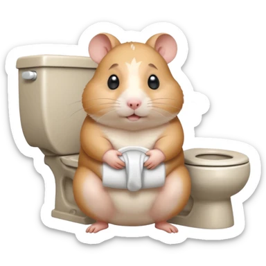 Cute chubby cartoon-style hamster sitting on toilet pooping looking as if he had an accident sticker