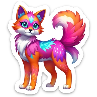 Vibrant multicolored neon-colored Falvie-Fionbri-creature-sparkle-feline-canine-hybrid-fursona, full body, fur pattern-markings sticker