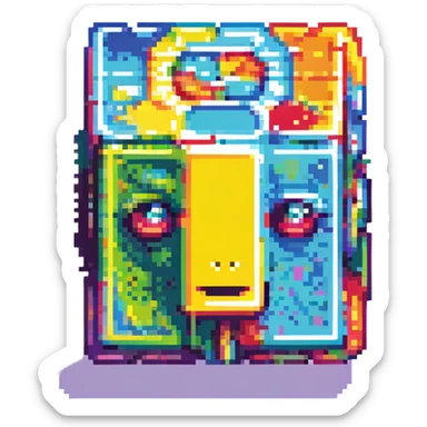simple geometric cube with a face, inspired by Geometry Dash, vibrant colors, pixelated look sticker