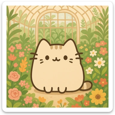 beige blonde kawaii pusheen-style kitten in a botanical garden greenhouse filled with flowers sticker