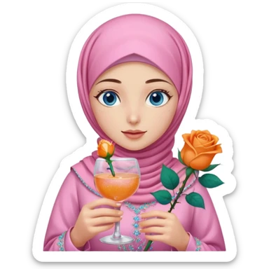 Turkish beautiful finish Konya girl blue eyes with pink hijab islamic dress and had on her hand Glittery rose gold mocktail with orange light pink roses sticker