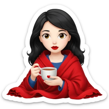 Long wavy Black haired, white skinned, dark big eyed girl with red lipstick wrapped in a blanket, sipping tea and reading a book sticker