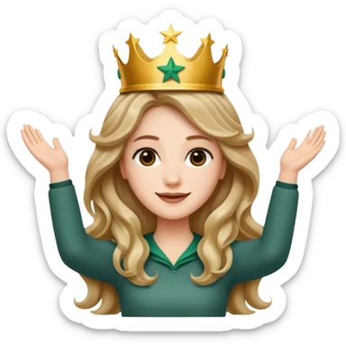 Apple style 3D emoji of a young woman inspired by the Starbucks logo. She has long wavy hair on both sides, a crown with a star on her head, arms raised upward like in the Starbucks logo, with a calm smile. Smooth, shiny, simple emoji look. sticker