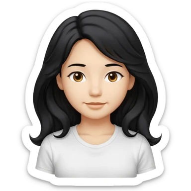 front-facing, chest-up portrait, symmetrical pose
long wavy black hair, glossy strands, slightly rounded volume, soft gentle smile, relaxed eyes, cute proportions
white T-shirt, minimal, pure white background, bright soft lighting, smooth plastic-like material, clean rende sticker