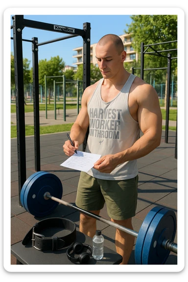 un uomo prepara con cura il suo set di pesi e la cintura per streetlifting, controllando una lista di esercizi e ripetizioni scritta su un foglio. Accanto a lui, una borraccia e delle cuffie. L’espressione è serena e sicura, a sottolineare l’importanza della programmazione per un allenamento efficace. Lo sfondo è un’area fitness urbana, pulita e ben attrezzata. sticker