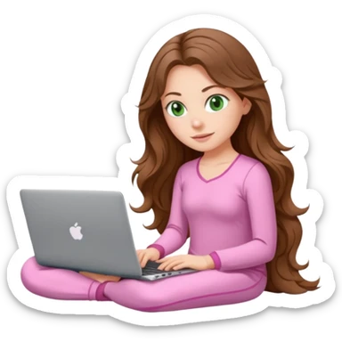 make a picture in ios 18 style of a white girl with brown long wavy hair and green eyes wearing pink pilates core pajamas and working on a laptop sticker