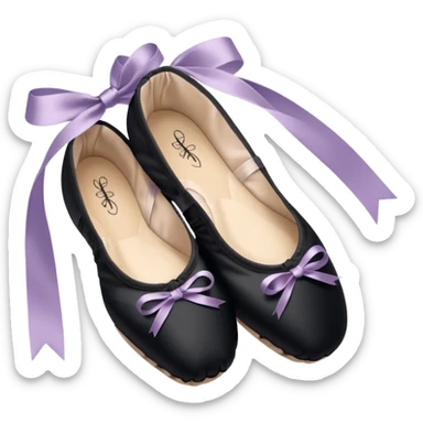 cinematic-realistic-ballet-shoes,-soft-satin-black-pointe-shoes-with-delicate-ribbons,-resting-gently-on-a-polished-wooden-floor,-subtle-creases-in-the-fabric,-glowing-under-the-warm-golden-light-of-a-rehearsal-studio,-evoking-ele sticker