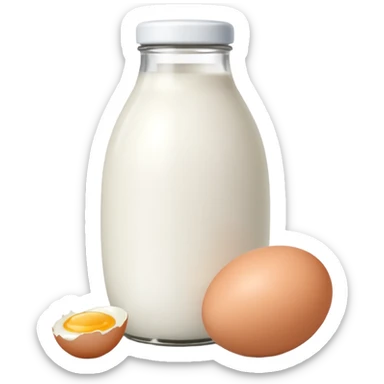 A white milk bottle standing beside a single egg on a clean surface. sticker