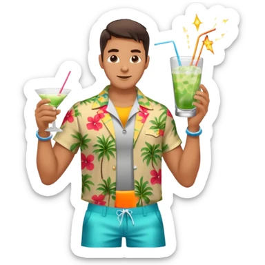 human male Unbuttoned Hawaiian shirt, swim trunks, shaking a cocktail shaker (sparks flying) sticker