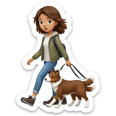 A beautiful brown-haired girl walking a Border Collie sticker