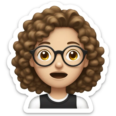 White girl with long brown curly hair and white circle glasses wearing a black shirt sneezing  sticker