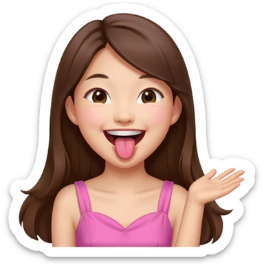 asian girl with long brown hair and fair skin wearing pink dress laughing while sticking tongue out sticker