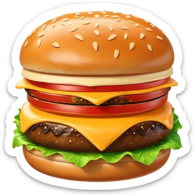 A cute 3D emoji-style burger with glossy finish, shiny bun with sesame seeds, melted cheese, fresh lettuce, smooth cartoon design, soft lighting, clean background, high-quality modern emoji look. sticker
