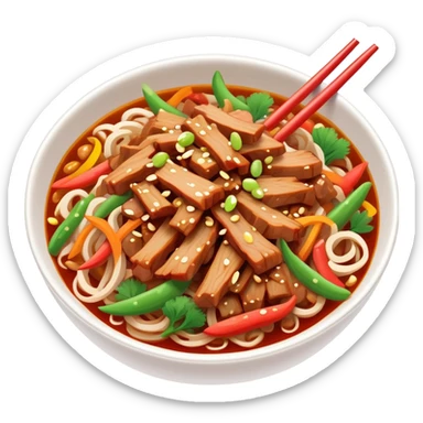 Yuxiang shredded pork Sichuan dish with colorful vegetables, simplified emoji style with bold outlines and bright colors, cartoon style sweet and sour pork strips sticker