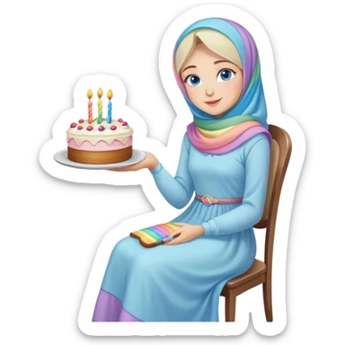 Turkish beautiful finish Konya girl blue eyes with pastel hijab long tail dress and sits on the chair and holds rainbow cake with her hand  sticker