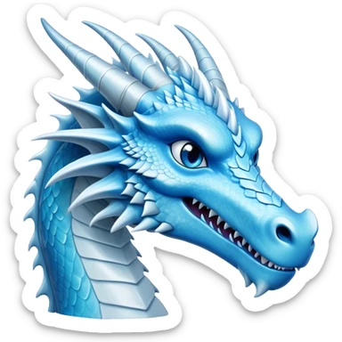 Cinematic Noble elegant Ice Dragon Portrait Emoji, Poised and imposing, distinct long elegant snout, with a slender, scaled body shimmering in glacial hues of icy blue, frostbitten silver, and crystalline white, breathing out frost, with piercing, glowing blue eyes that radiate the chilling depths of an arctic storm; rendered in detail. sticker