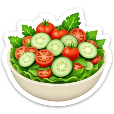 Salads avatar in clean emoji-style illustration. Fresh salad bowl with greens, tomatoes, cucumber, bright green tones, simple shapes, flat design, high contrast, light and healthy. sticker