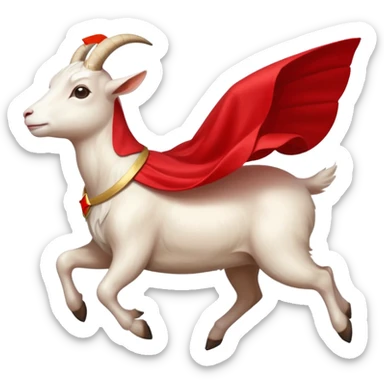 side view of white female goat wearing a read cape like superman sticker