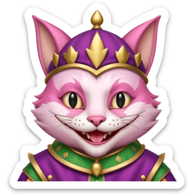 court jester cat medieval, single poker card joker clearly visible, pink, face only sticker