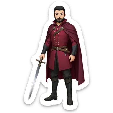
Hombre de unos 30-40 años, alto, fuerte..
Rostro anguloso, barba bien recortada, cejas marcadas, mirada dura y orgullosa.
Castaño oscuro o negro, peinado hacia atrás.
Ropa de noble — chaqueta ajustada, capa corta, botas altas y espada al cinto. Colores oscuros (rojo vino, negro, granate) sticker