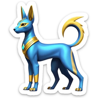 Modern futuristic shiny colorful Anubis-Sphynx-Lombax-Zeraora-Renamon-fusion (full body) sticker