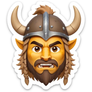 Clash of Clans style: Cinematic Fierce Barbarian Portrait Emoji, Poised and bold with a rugged, cartoonish build in tattered furs and a whimsical horned helmet, bright expressive eyes and a confident smirk, Simplified yet dynamic features, highly detailed, glowing with a vivid, adventurous aura, high shine, heroic and spirited, stylized with an air of medieval warrior charm, focused and energetic, soft glowing outline, capturing the essence of a fearless barbarian adventurer ready to lead his clan with spirited valor! sticker