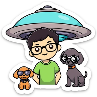 A little boy with straight black medium-length hair, white skin, and black eyes wearing black-framed glasses is taking photos on a UFO with a camera. Beside him, there is an alien and a brown round-headed poodle. sticker