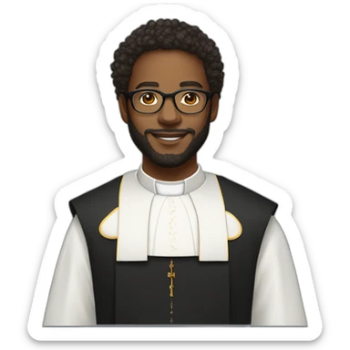 young black catholic priest beard, curly hair, with rounded glasses and clerygman sticker