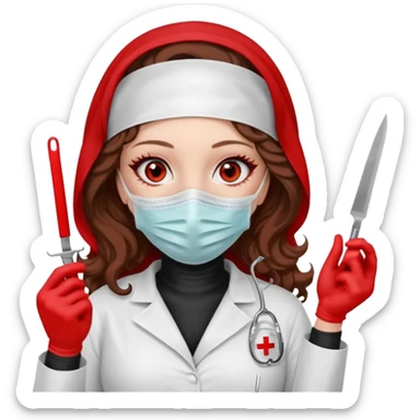


Scary woman scalpel in hand, evil surgeon sexy surgeon clothes.  She has redcolored  eyes. Her  hair only is free ne brown long curly hair. Wears sexy doctor outfit with red gloves. make her wear full Muslim burka to mask and nose mouth mask  to hide. Wears white surgeon coat, wears  stilettos sticker