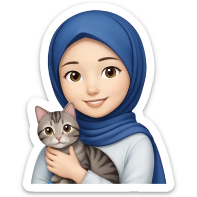 Asian white Girl wearing dark blue hijab with white shirt smiling while holding a black brown grey tabby cat sticker