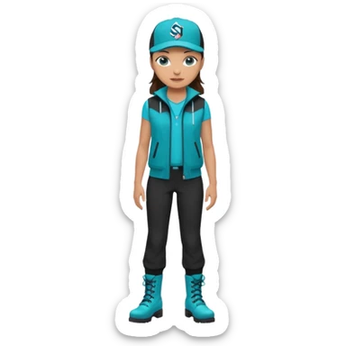 A landscaper in a beautiful turquoise jacket and turquoise boots, black pants, and a black sleeveless shirt. On his head is a black Swissotel baseball cap. The girl is a brunette with blue eyes. sticker
