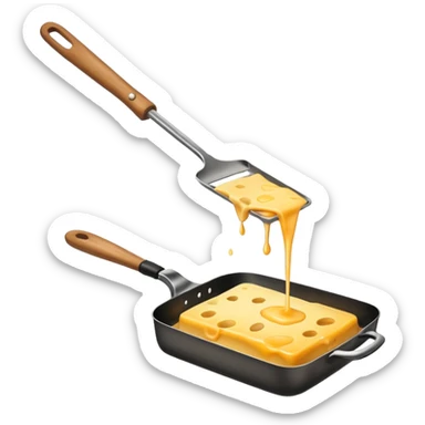 Emoji of raclette cheese being scraped with a metal spatula, melted cheese flowing, warm golden colors, modern emoji style, clean outlines, transparent background sticker