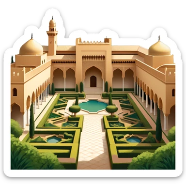 ​Cinematic Realistic Alhambra, depicted as a panoramic, zoomed-out view of the entire majestic Moorish palace complex with intricate arches, expansive courtyards, and lush gardens stretching into the distance, bathed in soft golden light that accentuates its opulent historical grandeur, sticker