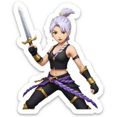 A sword maiden, mohawk, long braid white hair with lavender and tips long messy bangs one side, gold yellow eyes, black crop top, with both fighting gloves up in defensive ready pose, delivering a lightning quick vertical upwards front kick with volcanic force sticker