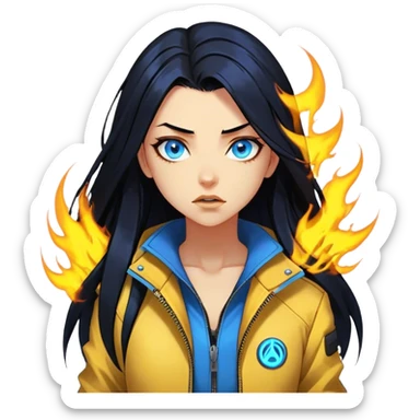 Long Black hair cyberpunk 2077 chibi girl with blazing blue eyes and yellow jacket from the animation show cyberpunk edge runners. All emotion reactions sticker