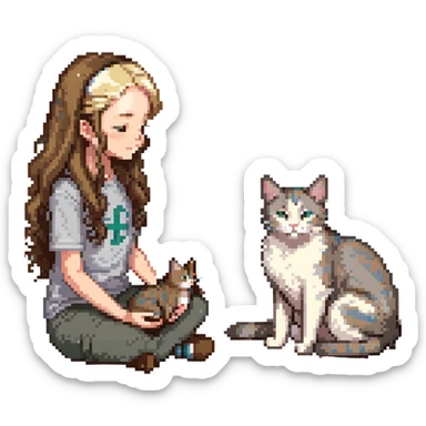 Remix: Beautiful girl with long wavy brown hair, inspired by the reference, petting a gray and blonde mixed cat, pixel art style, girl sitting cross-legged, cat curled beside her sticker