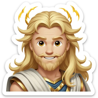 Cinematic Realistic Thor Portrait, head tilted dramatically with an exaggeratedly amused expression, featuring lively, twinkling eyes and a subtle, roguish grin. His fair, radiant skin and long, wavy golden hair, rendered with classical precision, complement his draped white toga adorned with delicate golden details and mythic lightning hints, all brought to life with dynamic lighting that captures both his divine power and playful, approachable charm. sticker