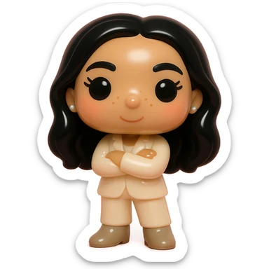 Funko Pop style vinyl figure with ultra high definition: luminous smooth tanned skin, extremely detailed dark hair, hyper-textured feminine cream suit (jacket and pants), small pearly earrings, greige leather boots clearly visible, arms crossed, rosy cheeks, very discreet freckles, eyelashes, mischievous and cheerful expression, no mouth, transparent background. sticker