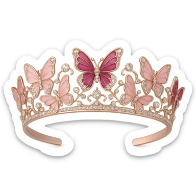 butterfly crown with a soft pink base, butterflies in light and dark pink enamel, sparkling gems, transparent background sticker