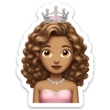 Quinceañera with pink dress, a crown and brown curly hair sticker