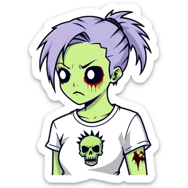 zombie girl with spiky ponytail emo hair and white tee shirt  sticker