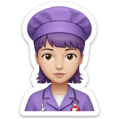 A young female slim nurse with short Brown hair with fringe over her forehead, wearing larvendar purple working cloth, without nurse cap sticker