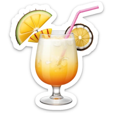 A beautiful cocktail with a creamy white to orange gradient, containing coconut juice and mango, reminiscent of summer. Above, there are tropical flowers, lemon slices, and straws. sticker