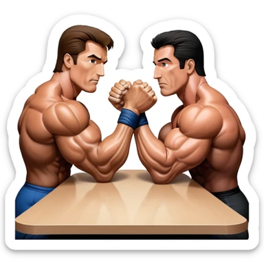 Arnold Schwarzenegger and Sylvester Stallone from 'Over the Top,' locked in an arm wrestling battle, using only their right hands. Their left hands rest on the table. Both display immense strength, with muscular arms flexing, under bright competition lights. Transparent background. sticker