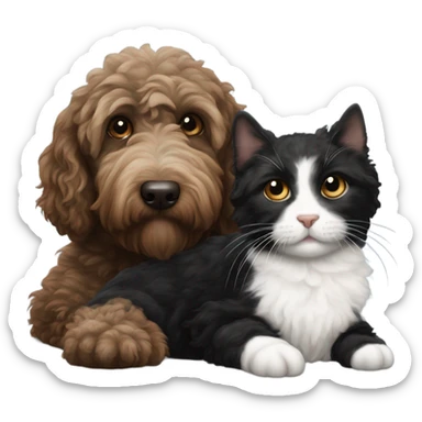 Australian labradoodle dark brown cuddling with tuxedo cat sticker