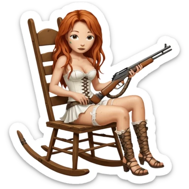 solarpunk ultra HD Tori Amos casually crouches on a rocking chair in a torn corset, holding a shotgun and with muddy feet. a bronze snake wrapped itself around the chair sticker