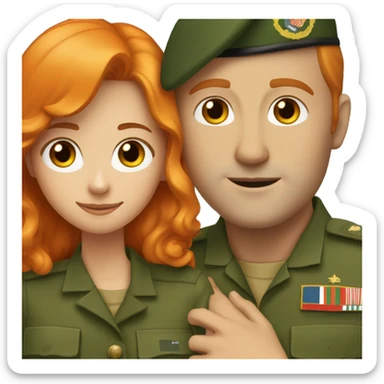 a orange hair girl hugs, white man with brown hair in a green military uniform sticker