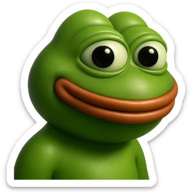pepe in
- 3d style
- bright green
- smiling
- looking straight at the camera
- good highlights and shadows
- 30deg angled towards the right sticker