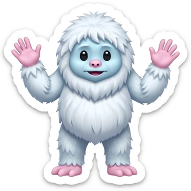 A fluffy, white creature resembling a yeti stands upright, featuring a round body and long, shaggy arms. Its face is smooth with a simple, flat mouth and without eyes. The hands and feet are pink with claw-like digits, and the creature has a whimsical, cartoonish appearance sticker