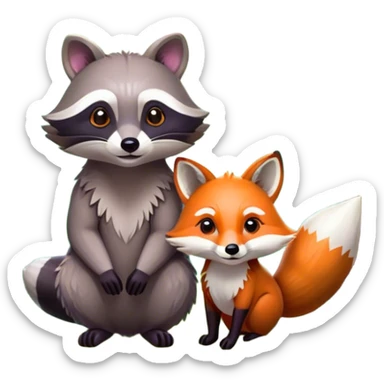 Collage of a raccoon and a fox, in close-up, surrounded by a colorful forest with rich green trees, thick bushes, and vibrant foliage. Sunlight peeks through the branches, casting warm light on the animals. A lively, natural setting with a transparent background. sticker